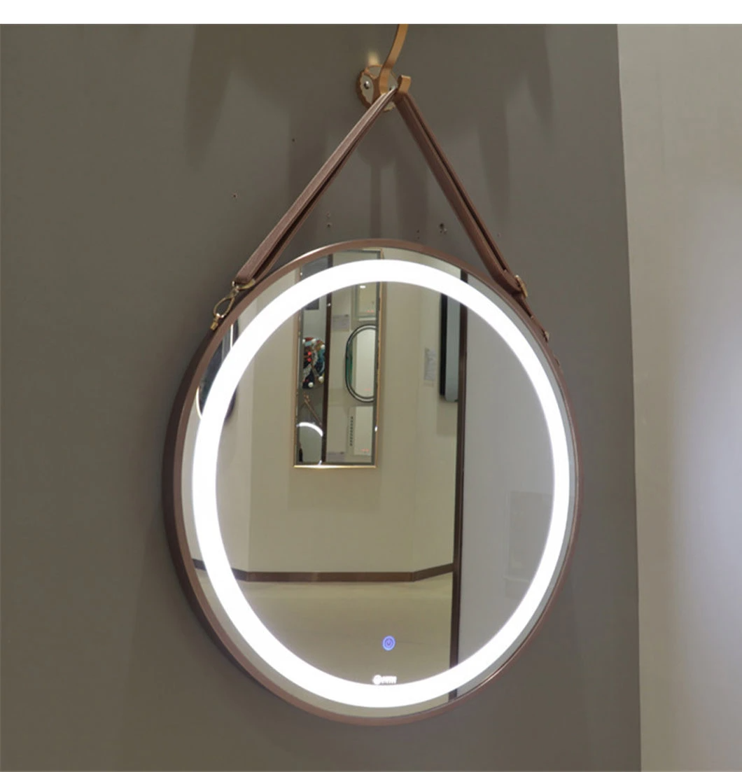 Wall Bathroom LED Round Mirror with Leather Strap Belt Smart Mirror Wall Mirror Home Decoration Bluetooth Makeup Mirror Bathroom Accessories Salon Furniture