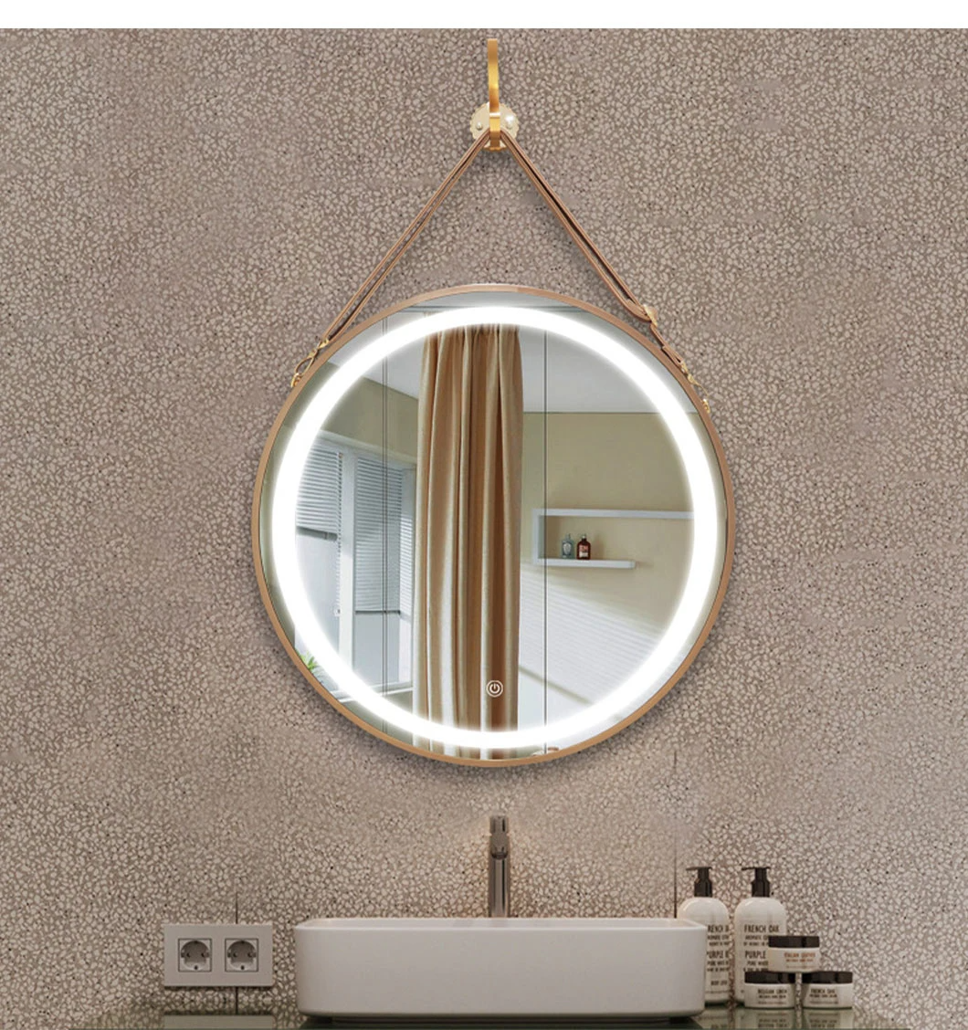 Wall Bathroom LED Round Mirror with Leather Strap Belt Smart Mirror Wall Mirror Home Decoration Bluetooth Makeup Mirror Bathroom Accessories Salon Furniture