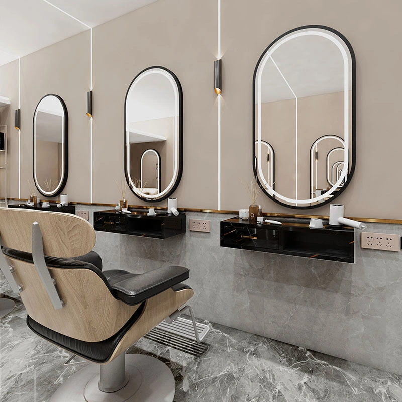 Barbershop Two-Sided Simple Salon Mirror Beauty Salon with Cabinet and Table