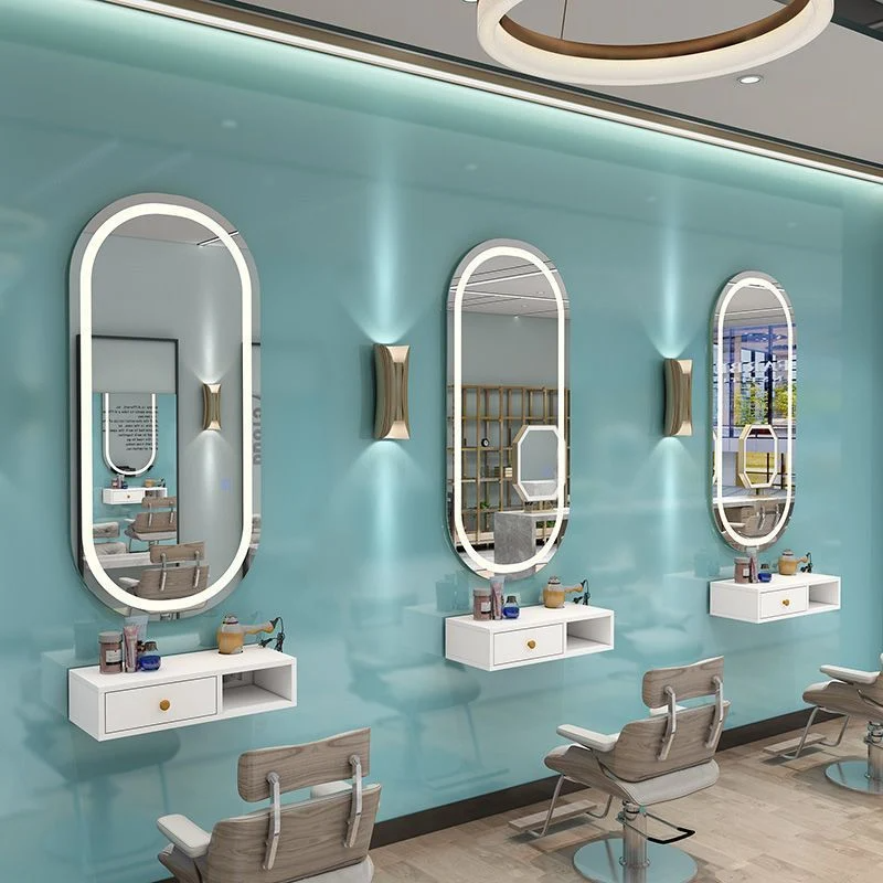 Barbershop Two-Sided Simple Salon Mirror Beauty Salon with Cabinet and Table