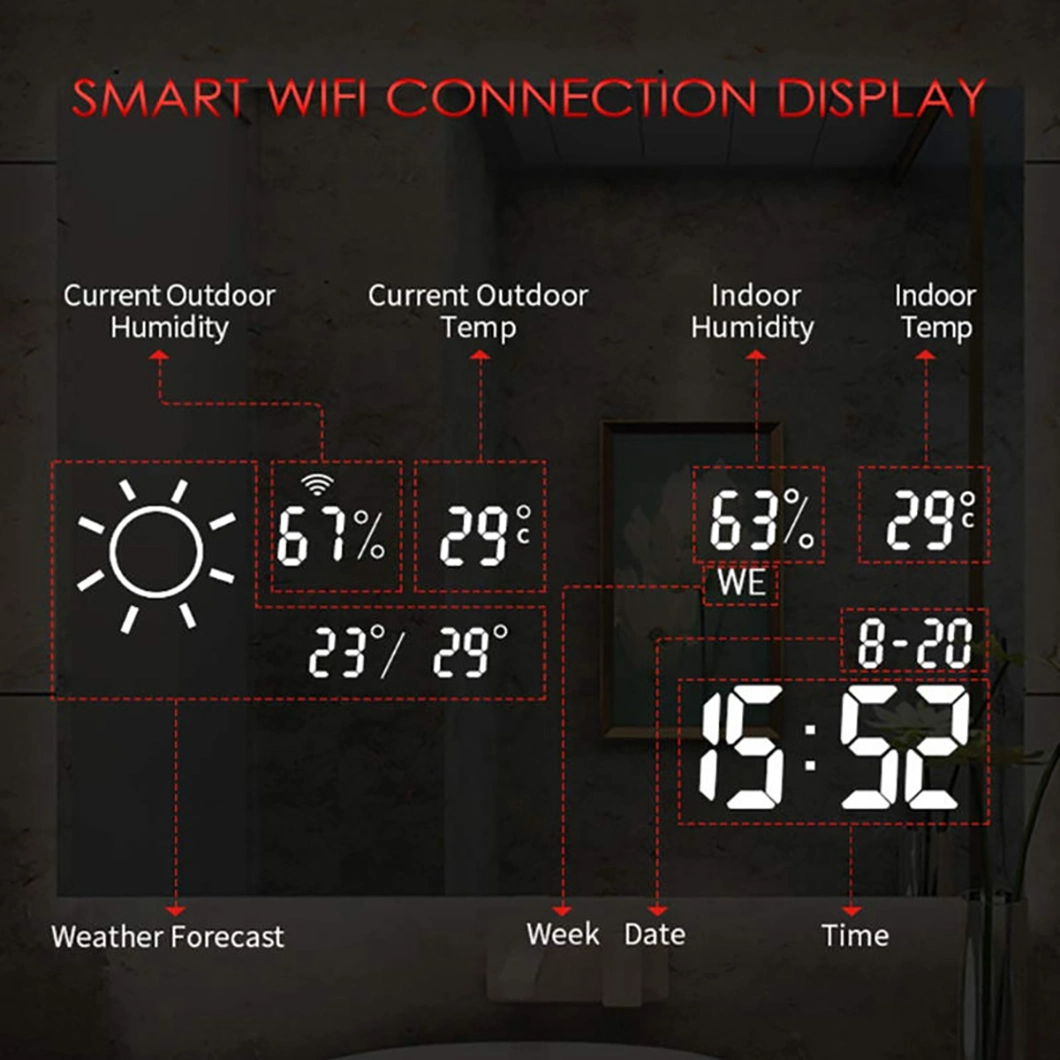 Rectangle Bathroom Backlit LED Smart Mirror with Temperature/Digital Clock/Calendar Display