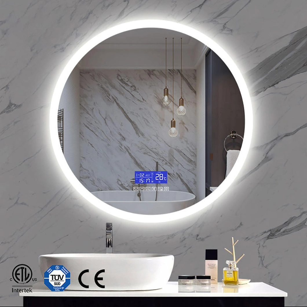 Round Environmental Mirror Frame Wall Hanging Time Display Glass Smart Bath Mirrors with LED Lights