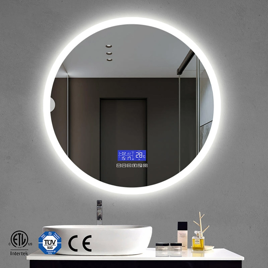 Round Environmental Mirror Frame Wall Hanging Time Display Glass Smart Bath Mirrors with LED Lights