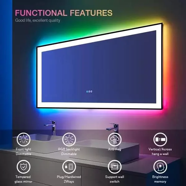 Customized Wall Mounted Glass Magic Mirror Touch Screen Dimmer Bath Lights Smart LED Bathroom Mirror