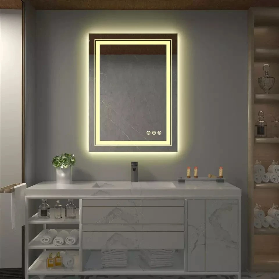 Frameless Smart LED Illuminated Bathroom Makeup Mirror Wall-Mounted Bath Mirror with Double Light