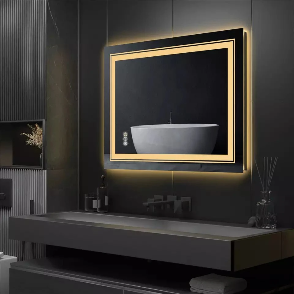 Frameless Smart LED Illuminated Bathroom Makeup Mirror Wall-Mounted Bath Mirror with Double Light