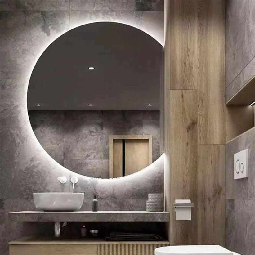 600mm Round Wall Mounted Mirror LED Colored Light Customized Defog Smart Bathroom LED Wash Basin Mirror with Time Display