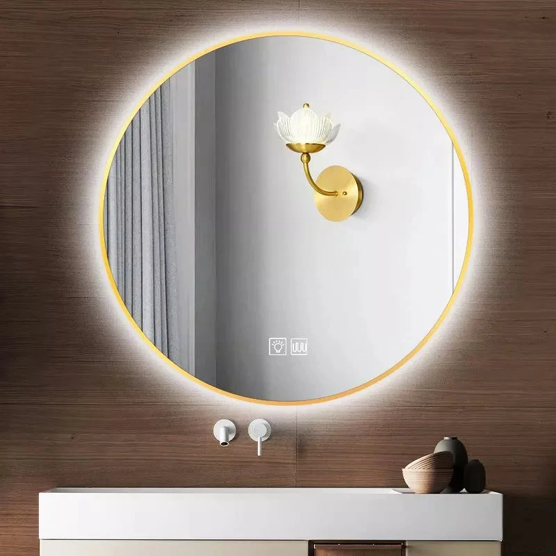 600mm Round Wall Mounted Mirror LED Colored Light Customized Defog Smart Bathroom LED Wash Basin Mirror with Time Display