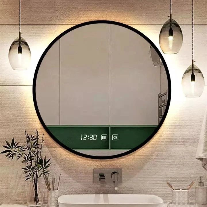 600mm Round Wall Mounted Mirror LED Colored Light Customized Defog Smart Bathroom LED Wash Basin Mirror with Time Display